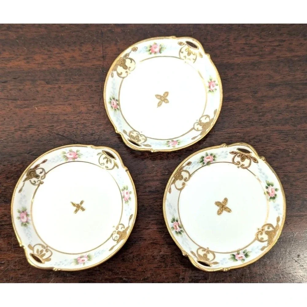 Vintage Hand Painted Nippon Butter Pats Set of 3 Pink Rose Gold Gilt Porcelain